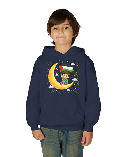 Kids Palestine Flag Hoodie — Cute Moon Graphic Youth Sweatshirt for Eid & Cultural Celebrations