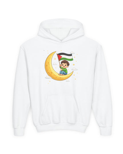 Kids Palestine Flag Hoodie — Cute Moon Graphic Youth Sweatshirt for Eid & Cultural Celebrations
