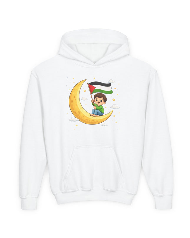 Kids Palestine Flag Hoodie — Cute Moon Graphic Youth Sweatshirt for Eid & Cultural Celebrations