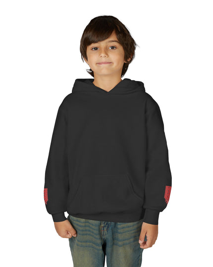 Youth Hoodie with Red Paint Splash Sleeve Graphic — Casual Kids Pullover