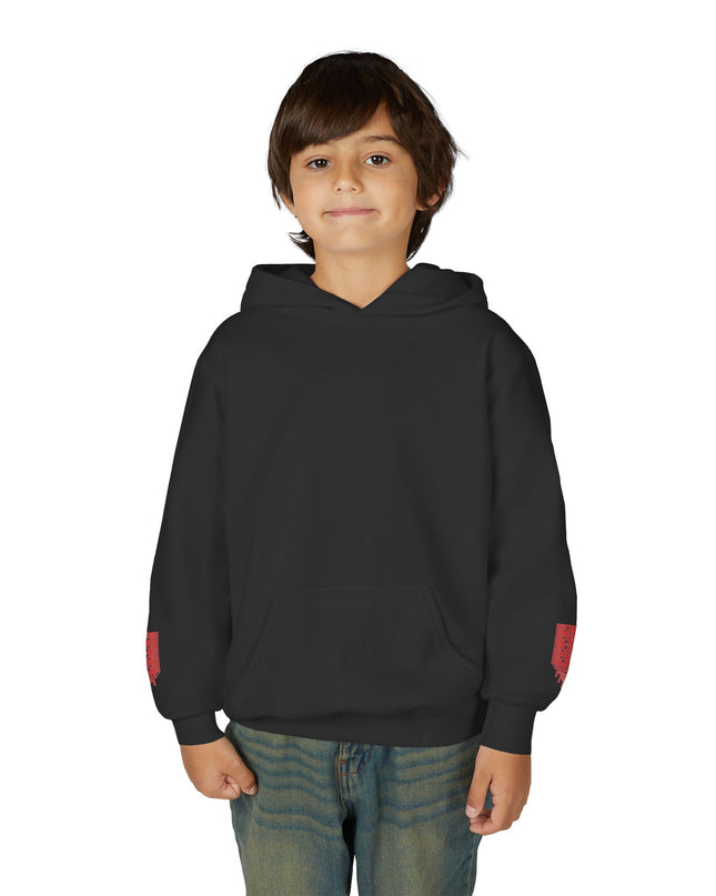 Youth Hoodie with Red Paint Splash Sleeve Graphic — Casual Kids Pullover