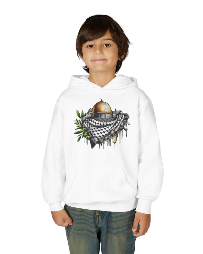Jerusalem Dome & Keffiyeh Youth Hoodie – Palestinian Heritage Graphic Sweatshirt