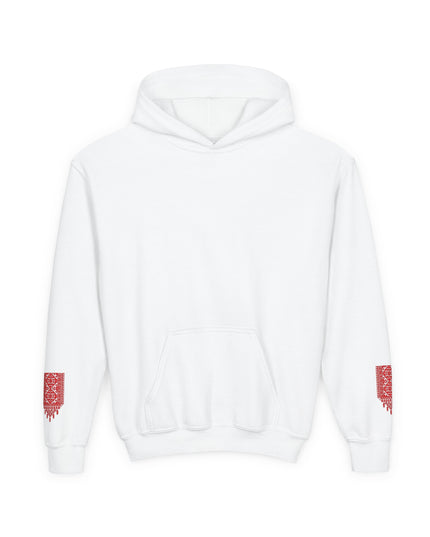 Youth Hoodie with Red Paint Splash Sleeve Graphic — Casual Kids Pullover