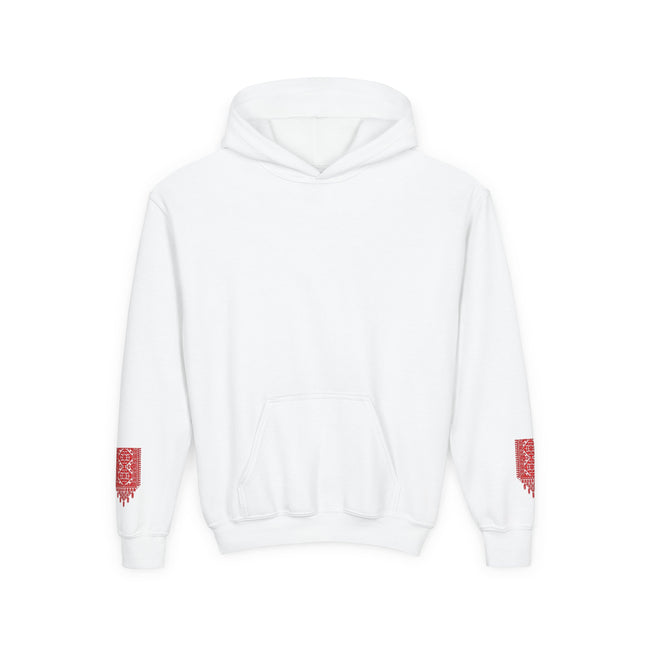 Youth Hoodie with Red Paint Splash Sleeve Graphic — Casual Kids Pullover