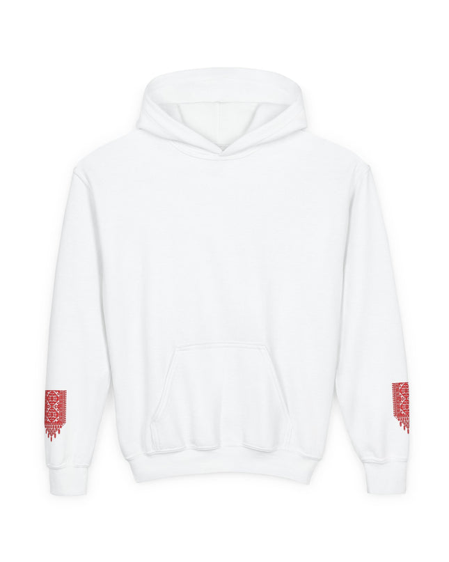 Youth Hoodie with Red Paint Splash Sleeve Graphic — Casual Kids Pullover