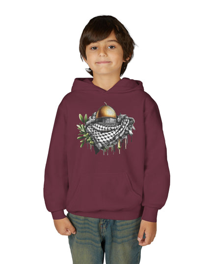 Jerusalem Dome & Keffiyeh Youth Hoodie – Palestinian Heritage Graphic Sweatshirt