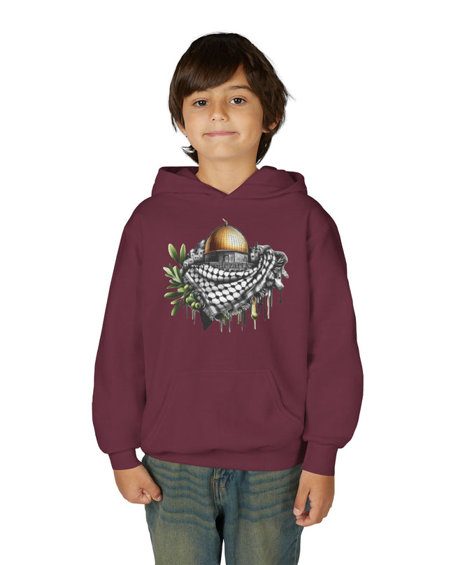 Jerusalem Dome & Keffiyeh Youth Hoodie – Palestinian Heritage Graphic Sweatshirt
