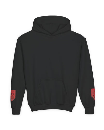 Youth Hoodie with Red Paint Splash Sleeve Graphic — Casual Kids Pullover