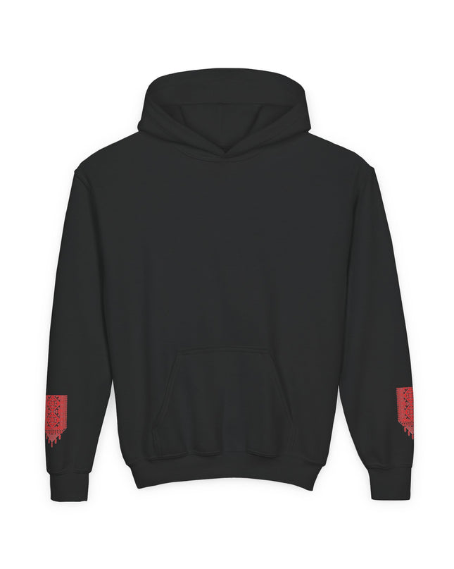 Youth Hoodie with Red Paint Splash Sleeve Graphic — Casual Kids Pullover
