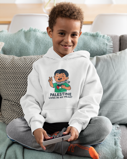 Youth Hoodie — "Palestine Lives in My Heart" Cute Peace Sign Kid Graphic