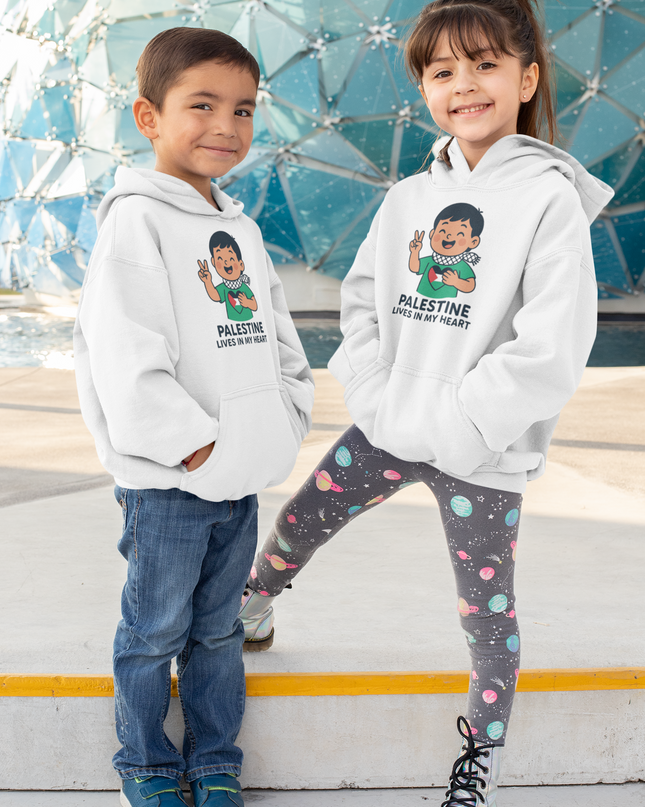 Youth Hoodie — "Palestine Lives in My Heart" Cute Peace Sign Kid Graphic