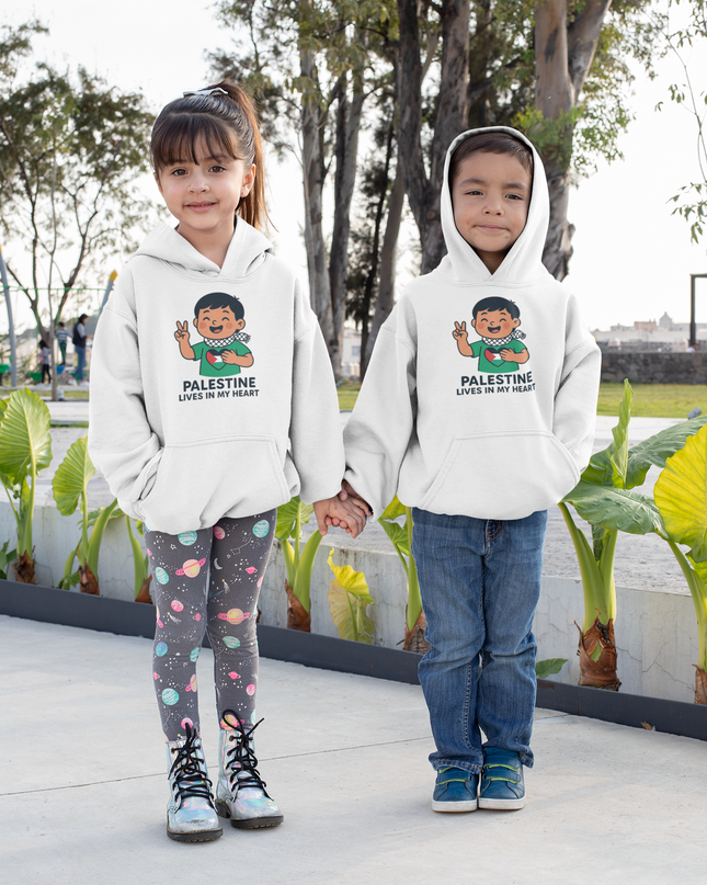 Youth Hoodie — "Palestine Lives in My Heart" Cute Peace Sign Kid Graphic