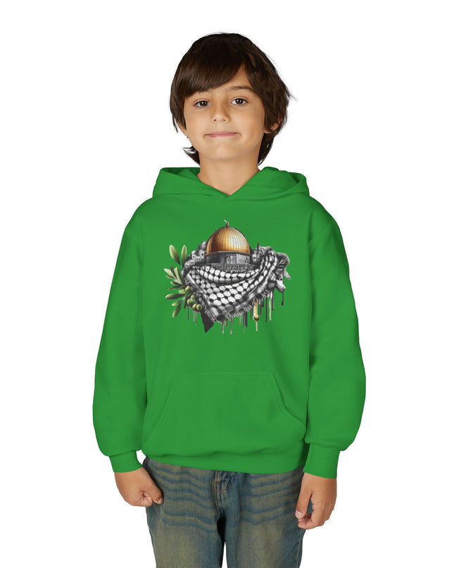 Jerusalem Dome & Keffiyeh Youth Hoodie – Palestinian Heritage Graphic Sweatshirt