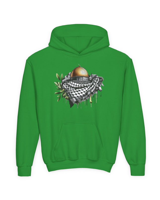 Jerusalem Dome & Keffiyeh Youth Hoodie – Palestinian Heritage Graphic Sweatshirt