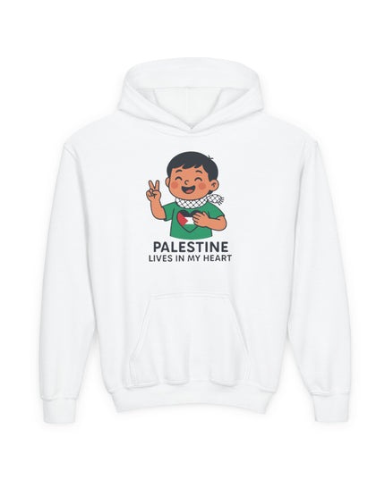 Youth Hoodie — "Palestine Lives in My Heart" Cute Peace Sign Kid Graphic
