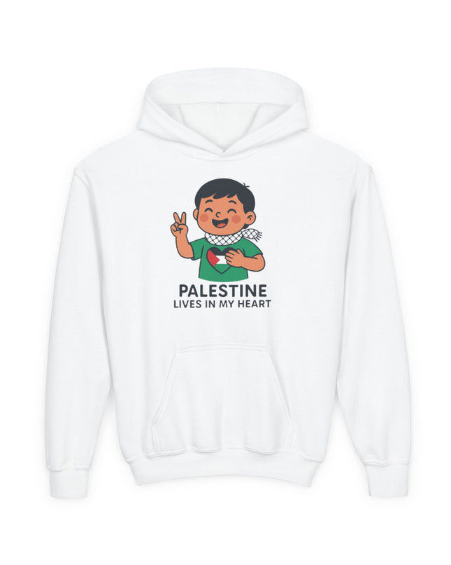 Youth Hoodie — "Palestine Lives in My Heart" Cute Peace Sign Kid Graphic