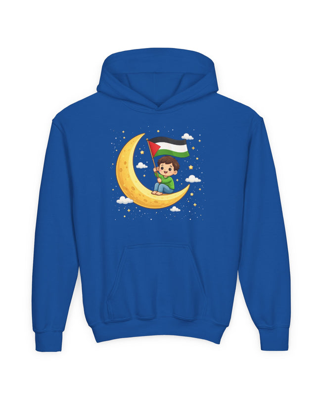 Kids Palestine Flag Hoodie — Cute Moon Graphic Youth Sweatshirt for Eid & Cultural Celebrations