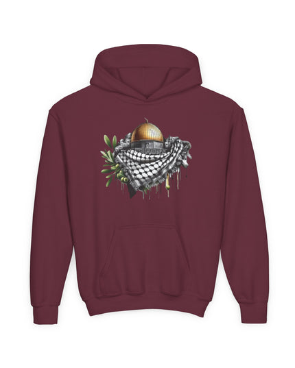 Jerusalem Dome & Keffiyeh Youth Hoodie – Palestinian Heritage Graphic Sweatshirt