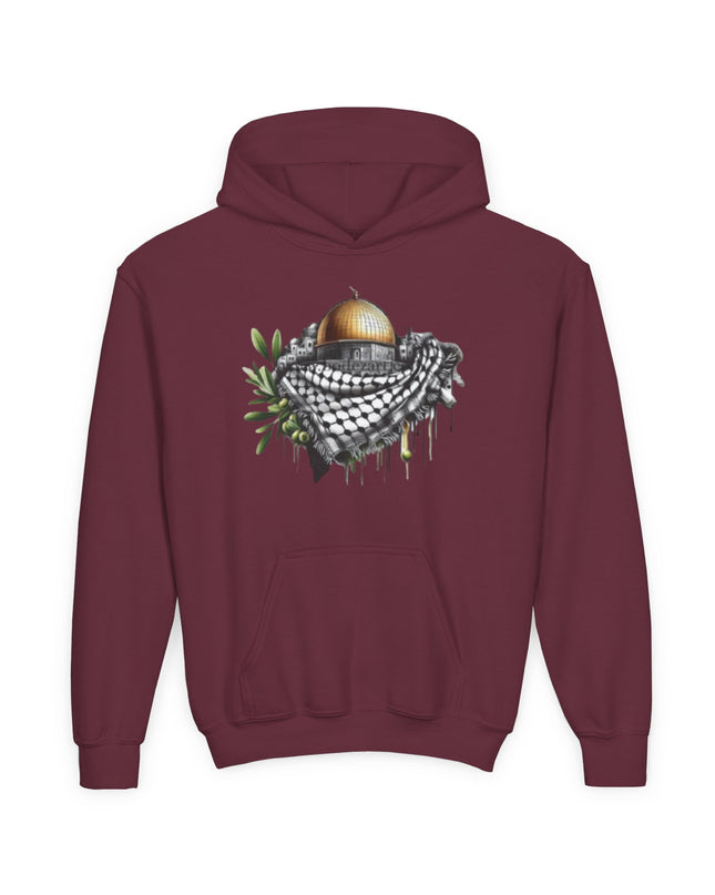 Jerusalem Dome & Keffiyeh Youth Hoodie – Palestinian Heritage Graphic Sweatshirt