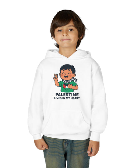 Youth Hoodie — "Palestine Lives in My Heart" Cute Peace Sign Kid Graphic