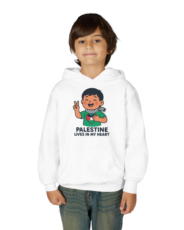Youth Hoodie — "Palestine Lives in My Heart" Cute Peace Sign Kid Graphic