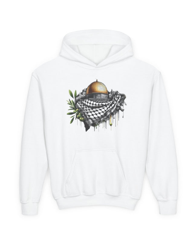 Jerusalem Dome & Keffiyeh Youth Hoodie – Palestinian Heritage Graphic Sweatshirt