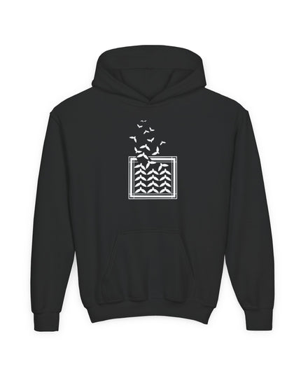 Youth Hoodie with Rising Birds and Wave Square Graphic