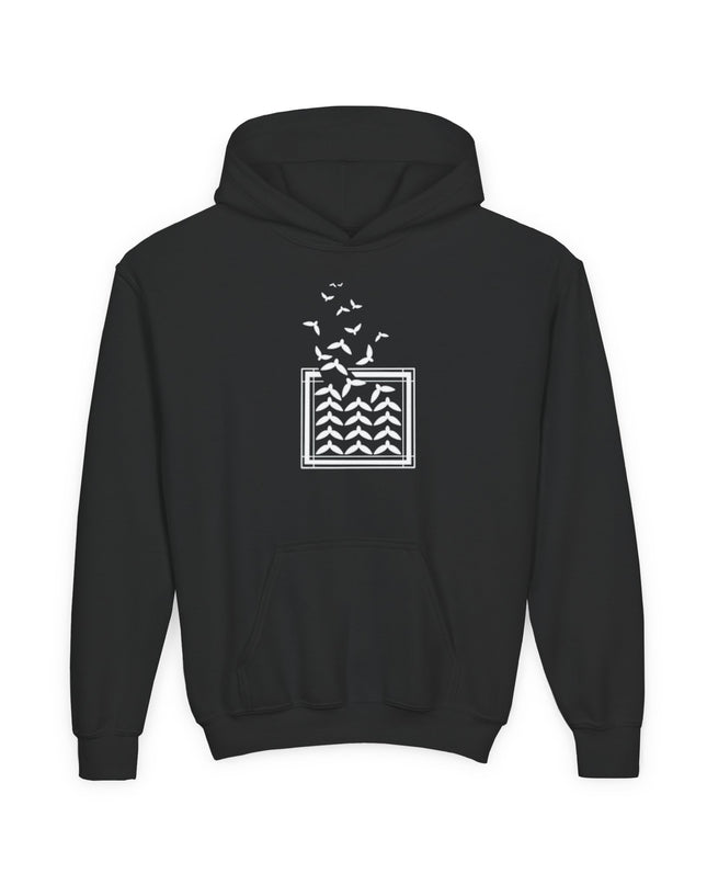 Youth Hoodie with Rising Birds and Wave Square Graphic