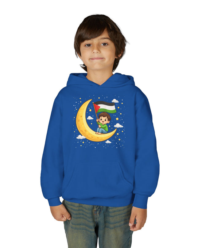 Kids Palestine Flag Hoodie — Cute Moon Graphic Youth Sweatshirt for Eid & Cultural Celebrations