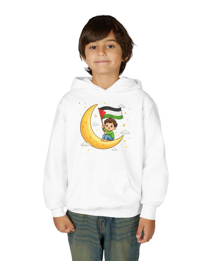 Kids Palestine Flag Hoodie — Cute Moon Graphic Youth Sweatshirt for Eid & Cultural Celebrations