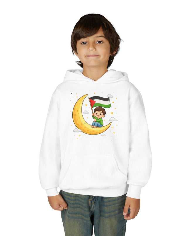 Kids Palestine Flag Hoodie — Cute Moon Graphic Youth Sweatshirt for Eid & Cultural Celebrations