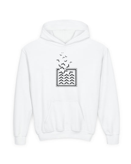 Youth Hoodie with Rising Birds and Wave Square Graphic