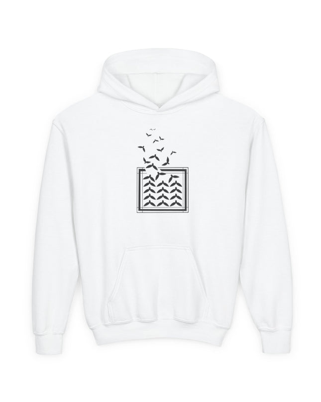 Youth Hoodie with Rising Birds and Wave Square Graphic