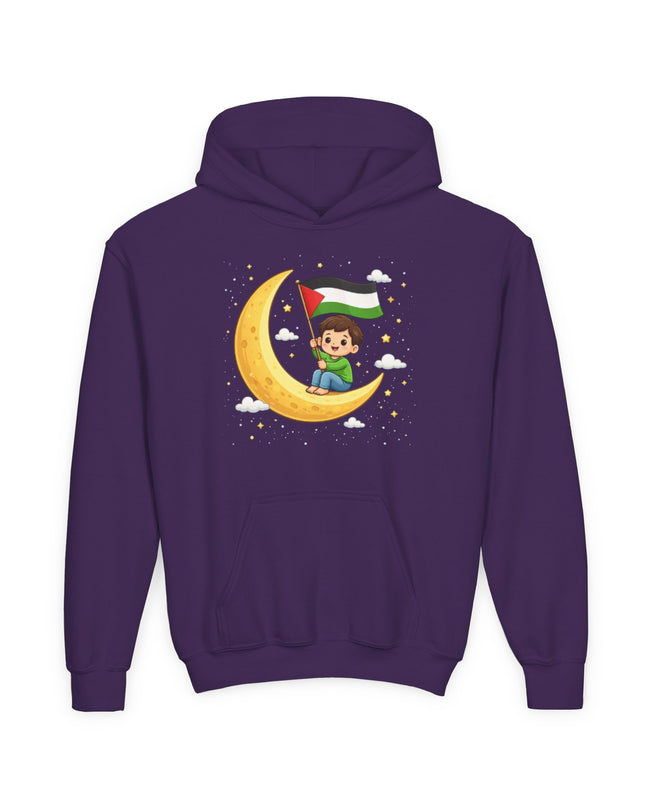 Kids Palestine Flag Hoodie — Cute Moon Graphic Youth Sweatshirt for Eid & Cultural Celebrations