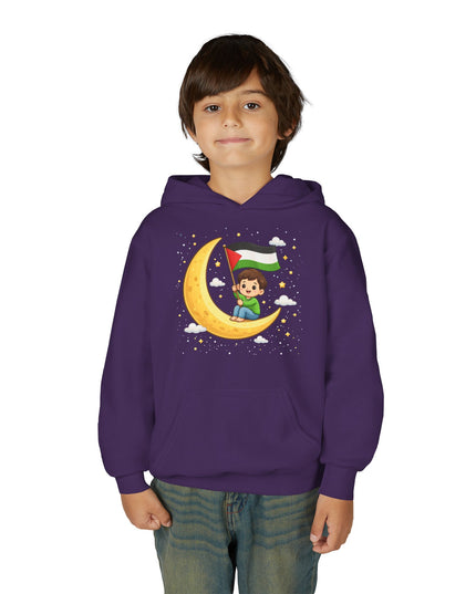 Kids Palestine Flag Hoodie — Cute Moon Graphic Youth Sweatshirt for Eid & Cultural Celebrations