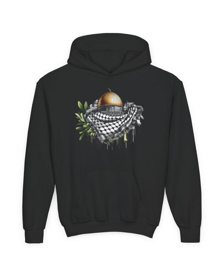 Jerusalem Dome & Keffiyeh Youth Hoodie – Palestinian Heritage Graphic Sweatshirt
