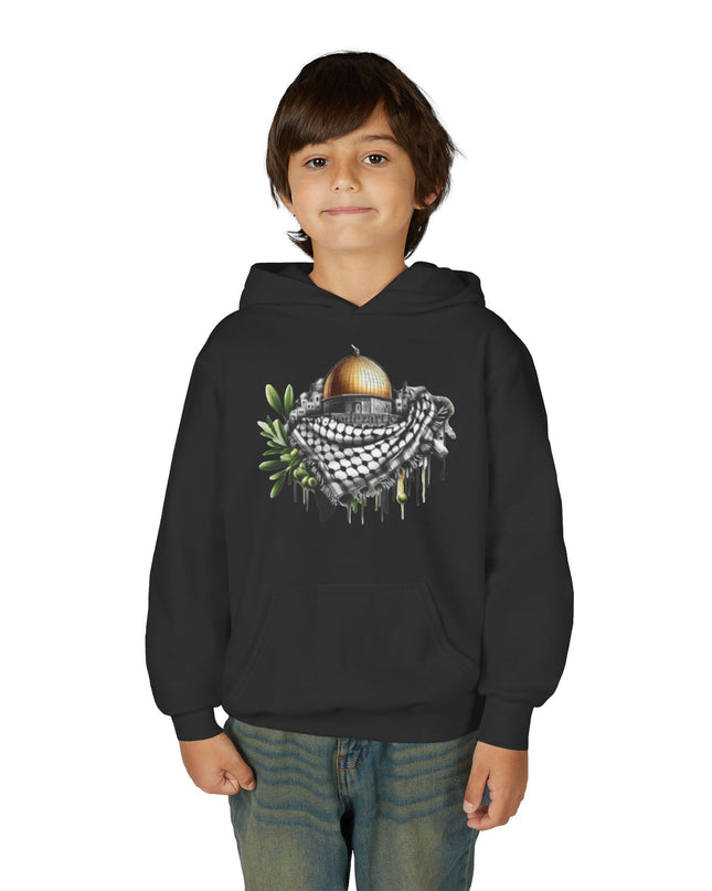 Jerusalem Dome & Keffiyeh Youth Hoodie – Palestinian Heritage Graphic Sweatshirt